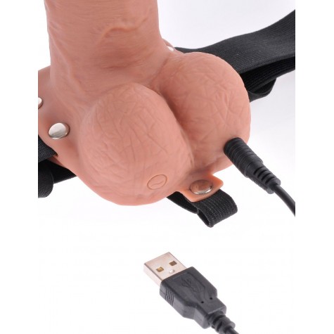 Кофейный перезаряжаемый вибрострапон 7" Hollow Rechargeable Strap-on with Balls - 20,3 см.